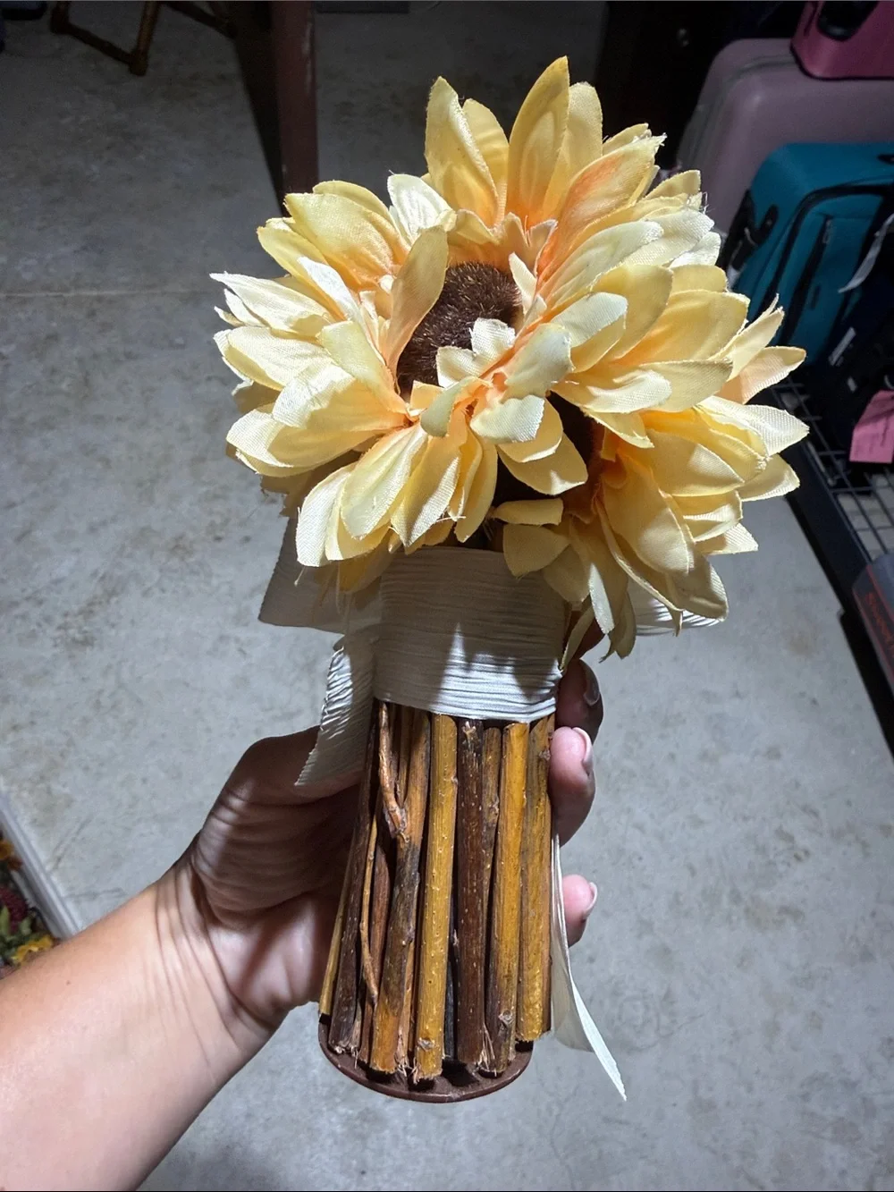 2 Artificial Sunflower Bundle with White Ribbon - Cream Yellow